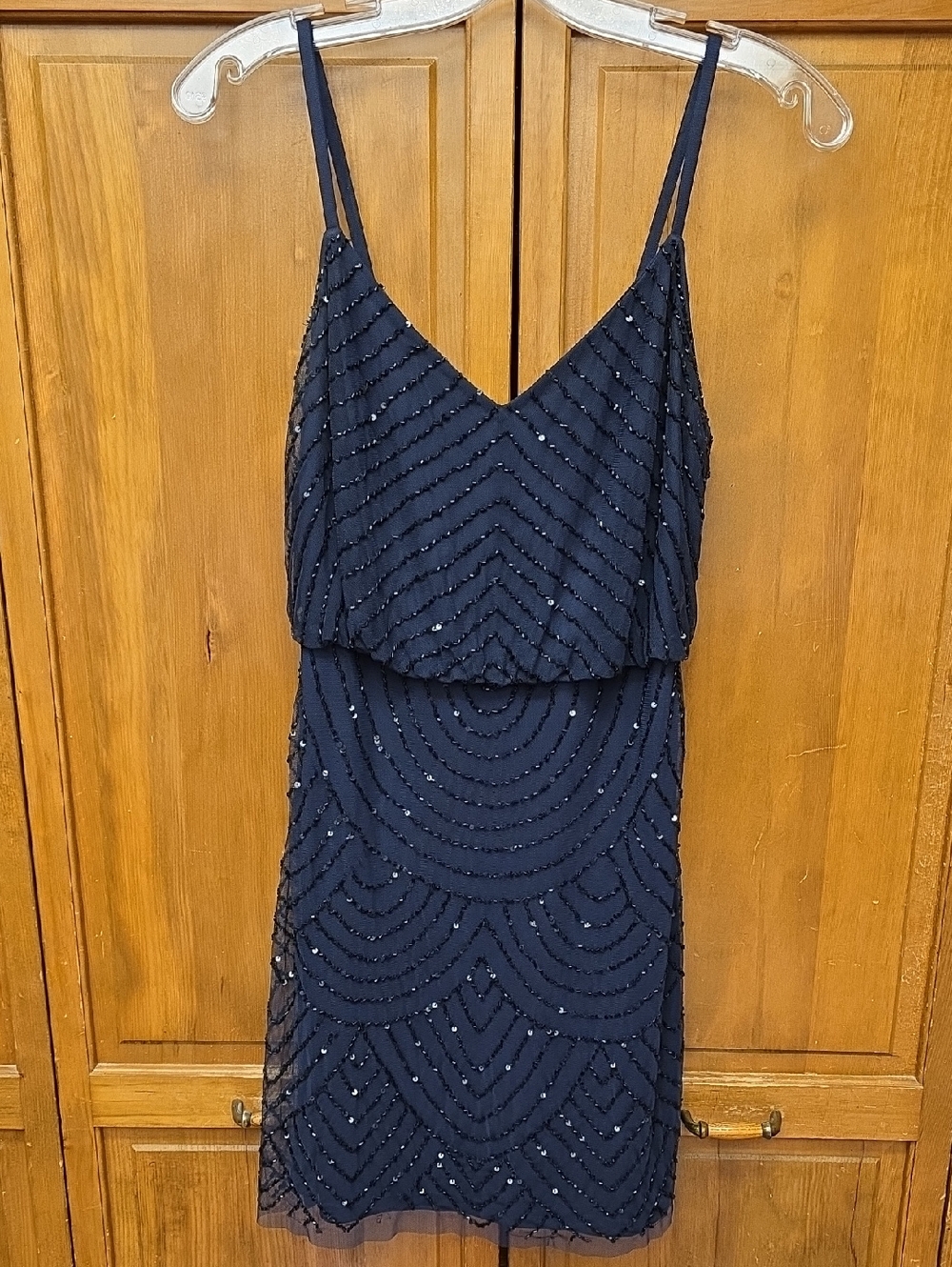 Adrianna Papell Size 2 Formal Sequined Art Deco Blouson Mini Gown Navy